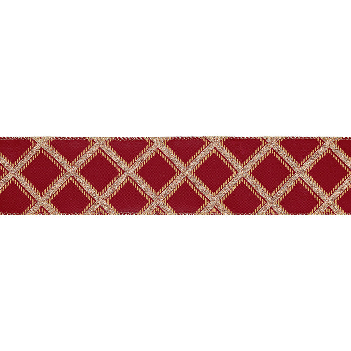 2 1/2" Holiday Wired Ribbon | "Diamond Pattern" Berry/Gold | 10 Yard Roll