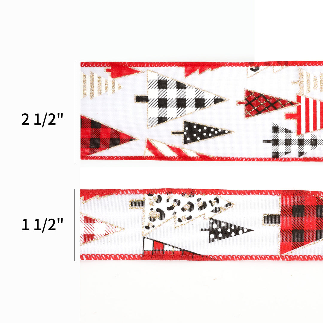 1 1/2" Wired Ribbon | "Geometric Trees" White/Black/Red | 10 Yard Roll