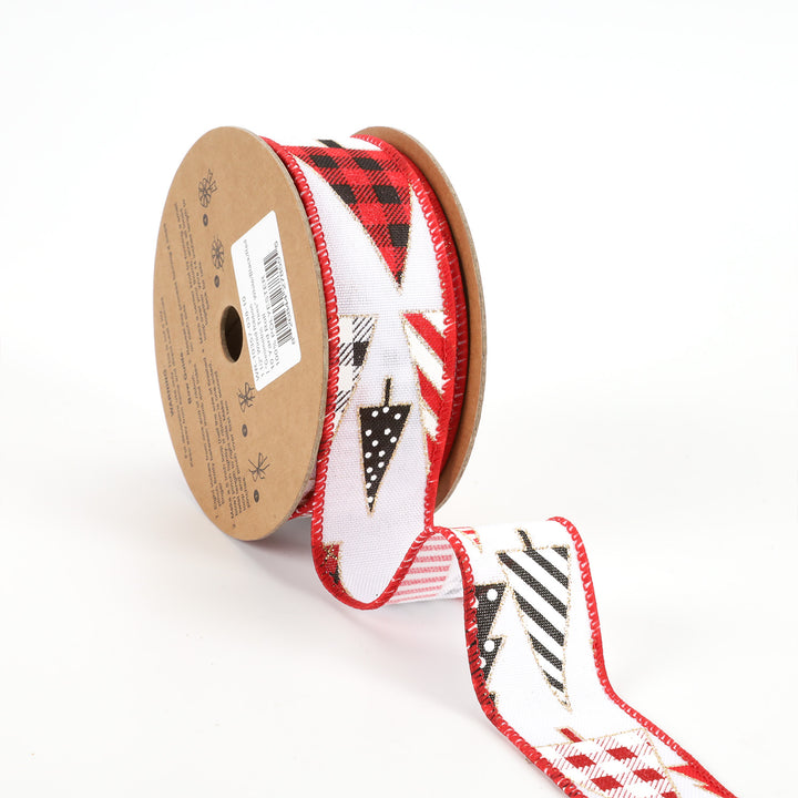 1 1/2" Wired Ribbon | "Geometric Trees" White/Black/Red | 10 Yard Roll