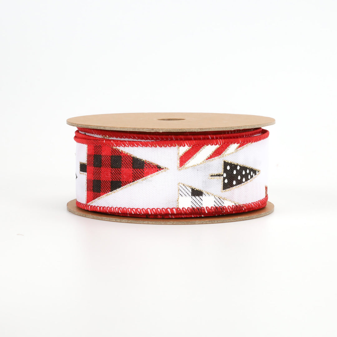 1 1/2" Wired Ribbon | "Geometric Trees" White/Black/Red | 10 Yard Roll