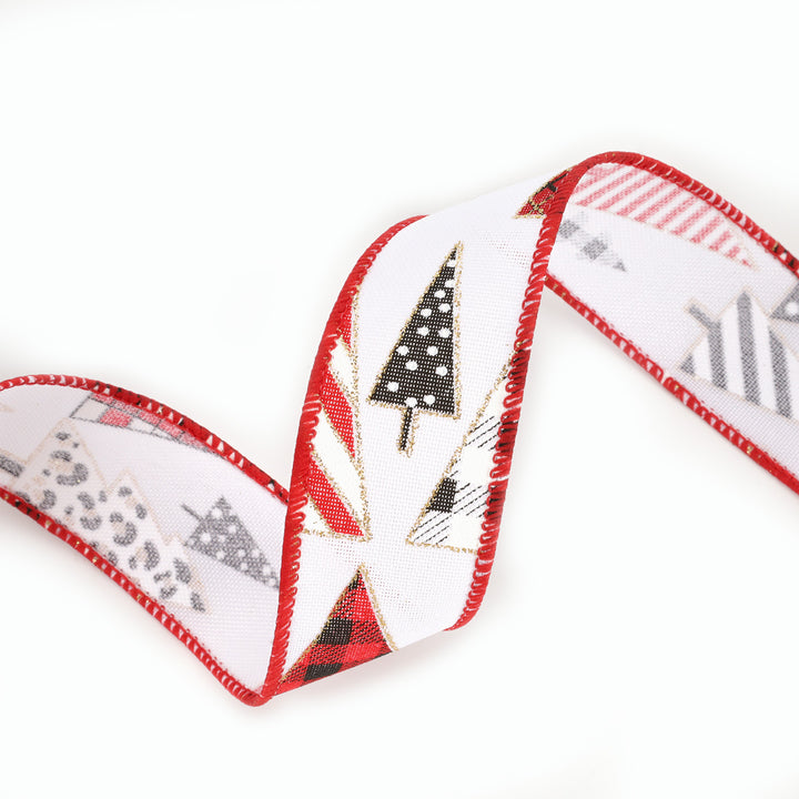 1 1/2" Wired Ribbon | "Geometric Trees" White/Black/Red | 10 Yard Roll