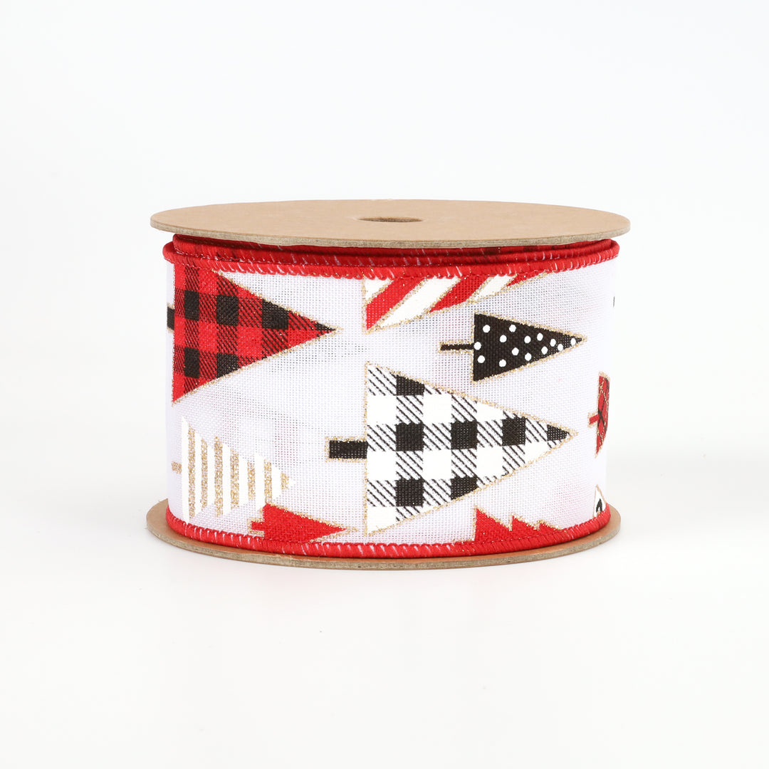 2 1/2" Wired Ribbon | "Geometric Trees" White/Black/Red | 10 Yard Roll