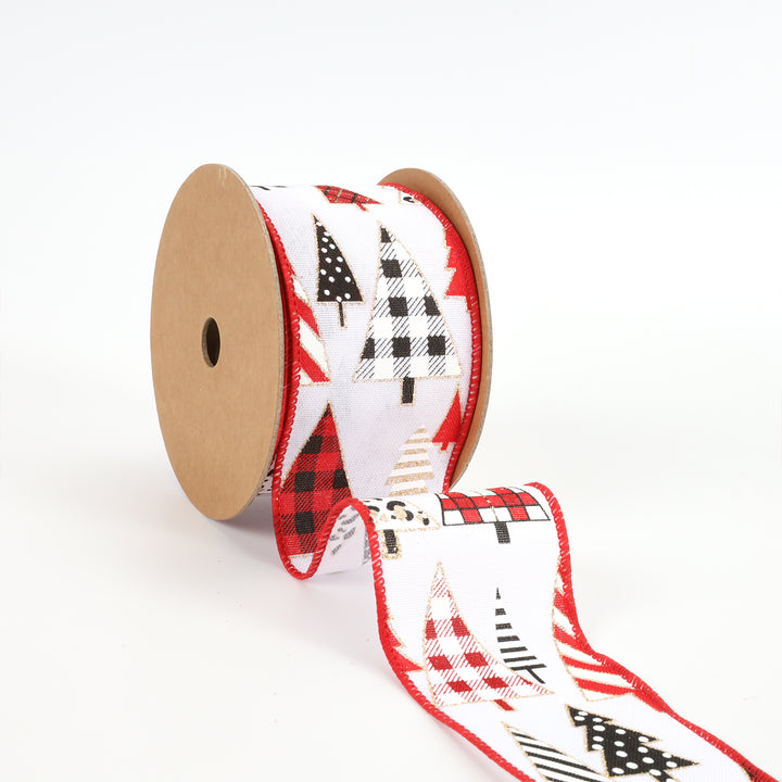 2 1/2" Wired Ribbon | "Geometric Trees" White/Black/Red | 10 Yard Roll