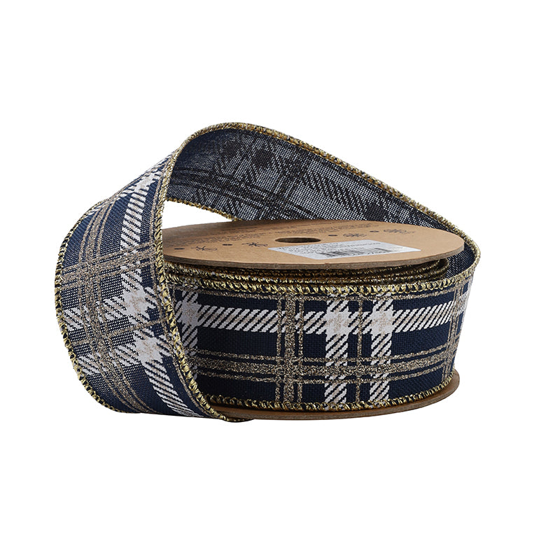 1 1/2" Printed Wired Ribbon | Plaid Blue/White/Gold | 10 Yard Roll - 35% OFF