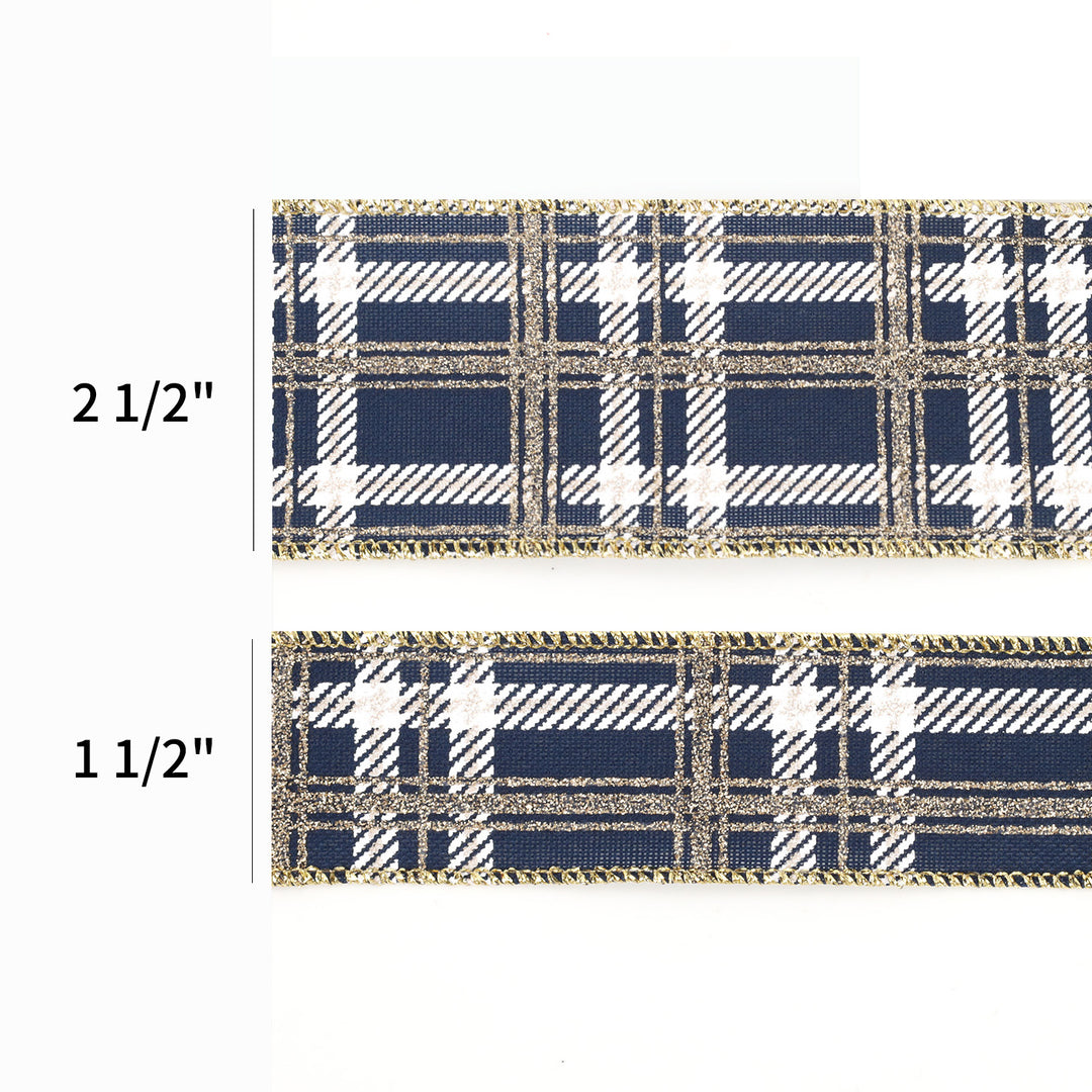 1 1/2" Printed Wired Ribbon | Plaid Blue/White/Gold | 10 Yard Roll - 35% OFF