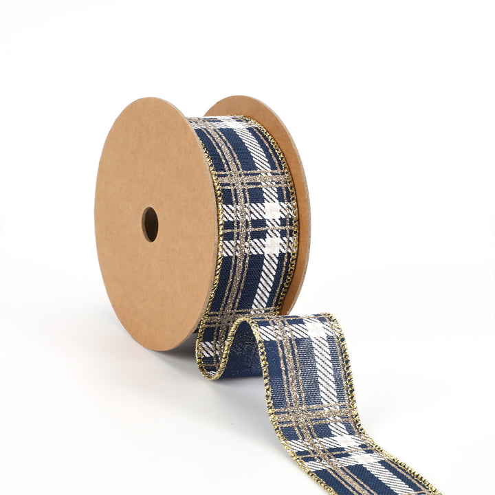 1 1/2" Printed Wired Ribbon | Plaid Blue/White/Gold | 10 Yard Roll - 35% OFF