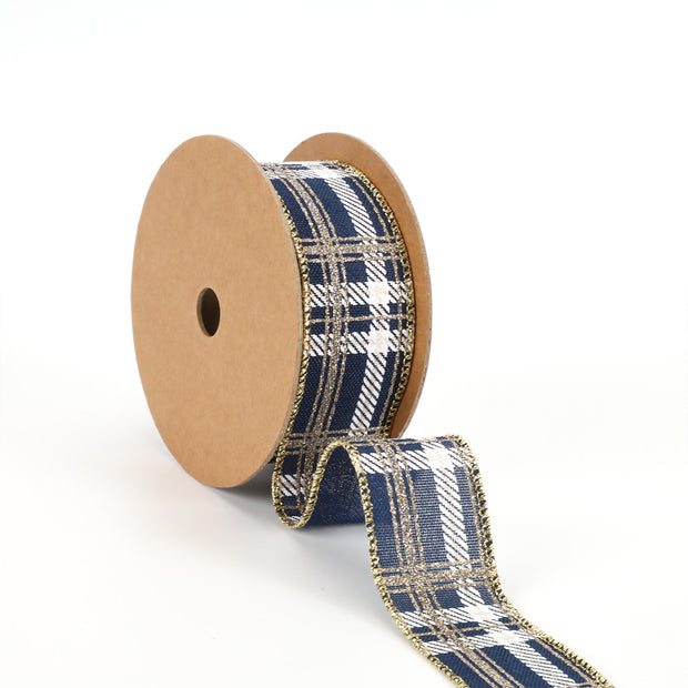 1 1/2" Printed Wired Ribbon | Plaid Blue/White/Gold | 10 Yard Roll