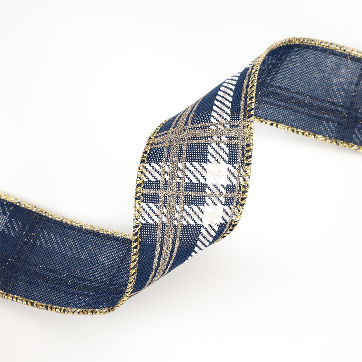 1 1/2" Printed Wired Ribbon | Plaid Blue/White/Gold | 10 Yard Roll - 35% OFF