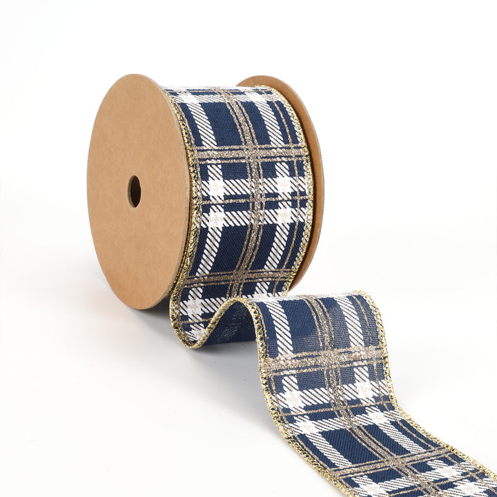 2 1/2" Printed Wired Ribbon | Plaid Blue/White/Gold | 10 Yard Roll