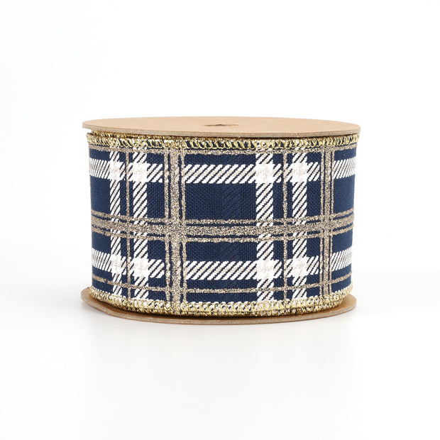 2 1/2" Printed Wired Ribbon | Plaid Blue/White/Gold | 10 Yard Roll