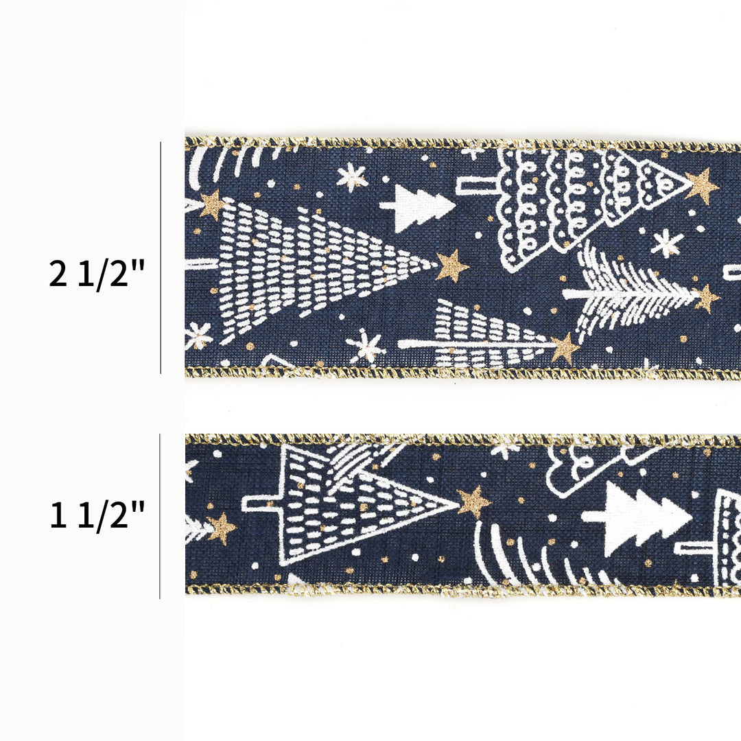 1 1/2" Printed Wired Ribbon | Abstract Trees Blue/White/Gold | 10 Yard Roll