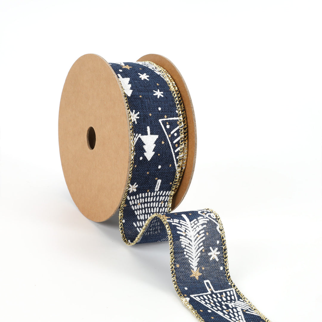 1 1/2" Printed Wired Ribbon | Abstract Trees Blue/White/Gold | 10 Yard Roll