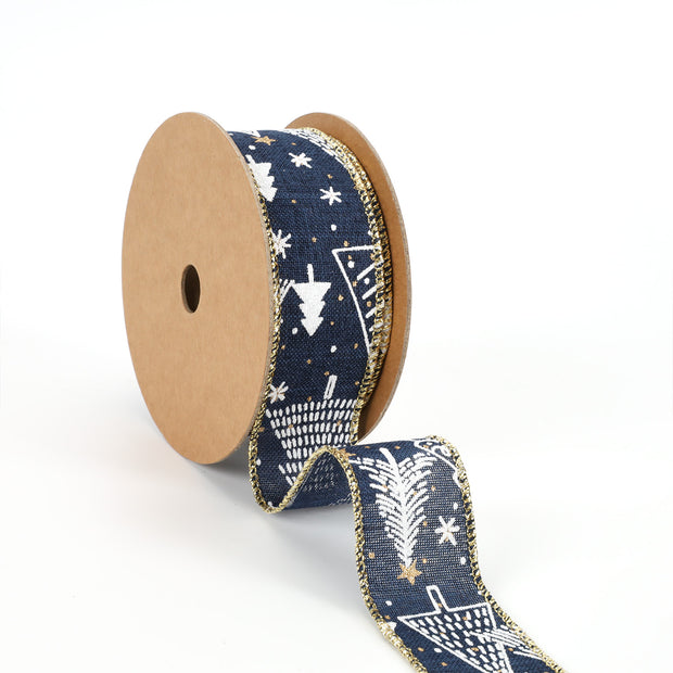 1 1/2" Printed Wired Ribbon | Abstract Trees Blue/White/Gold | 10 Yard Roll