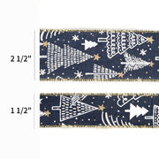 2 1/2" Printed Wired Ribbon | Abstract Trees Blue/White/Gold | 10 Yard Roll