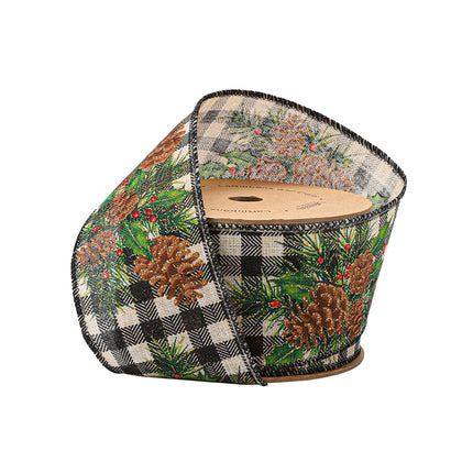Black-white check ribbon spool: glittery pinecones, holly & berries – festive holiday decor.