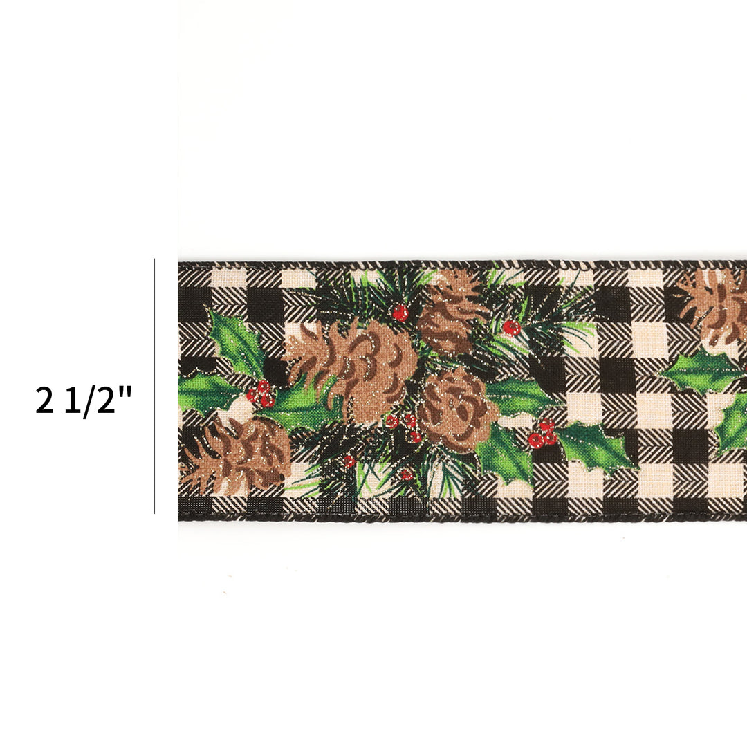 2-1/2" Printed Wired Ribbon | White/Black Check w/ Pinecone | 10 Yard Roll