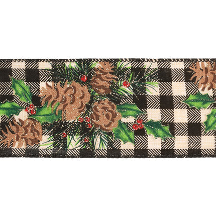 Black-white check ribbon: glittery pinecones, holly & berries – rich holiday texture.