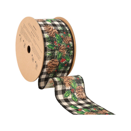 Unfurled black-white check ribbon spool: pinecones, holly & berries – holiday decor.