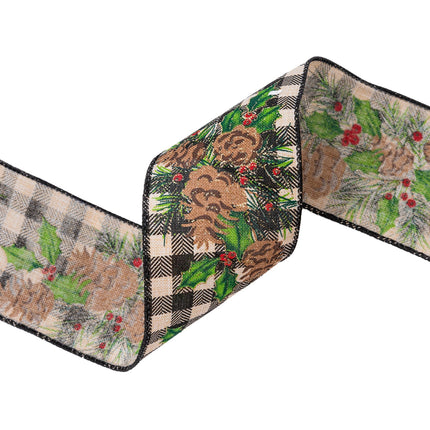 Folded black-white check ribbon: pinecones, holly & berries – lush holiday style.