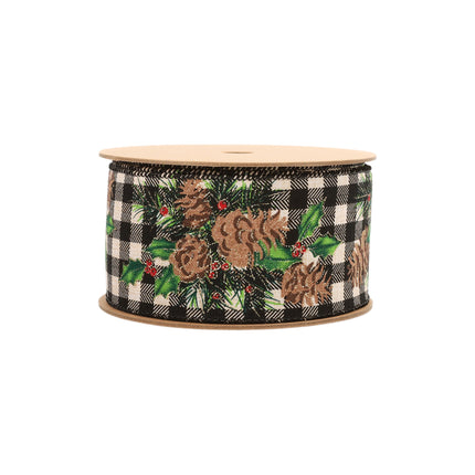 Black-white check ribbon spool: pinecones, holly & berries – timeless holiday decor.
