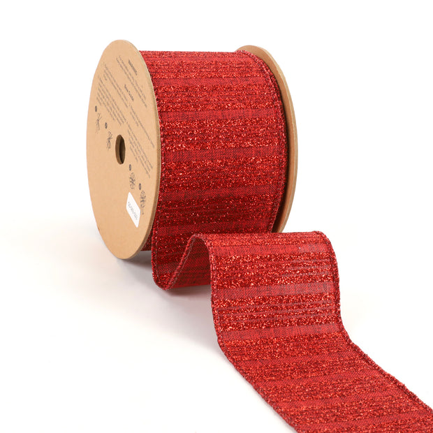 2 1/2" Holiday Wired Ribbon | "Glitter Striped" Cranberry | 10 Yard Roll