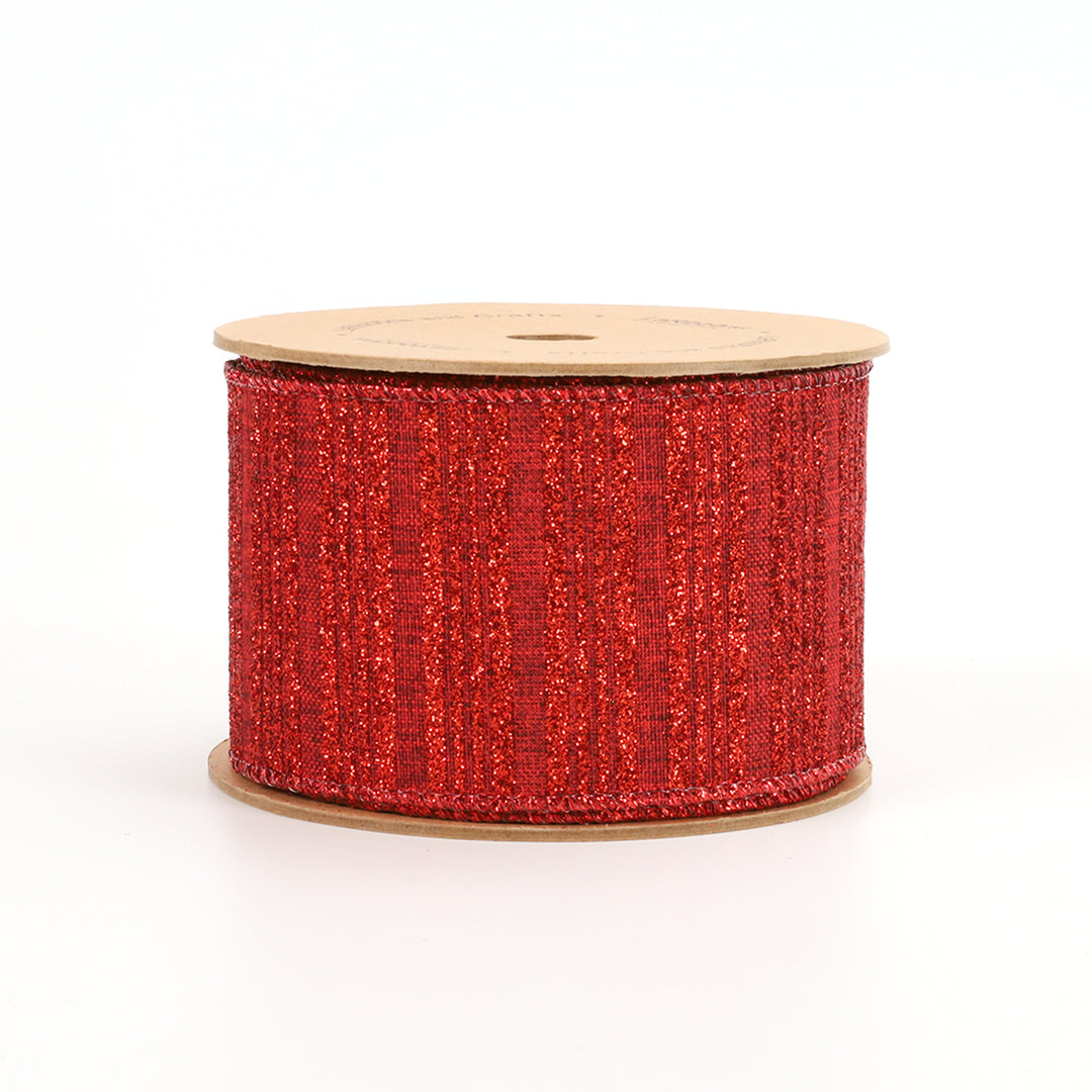 2 1/2" Holiday Wired Ribbon | "Glitter Striped" Cranberry | 10 Yard Roll