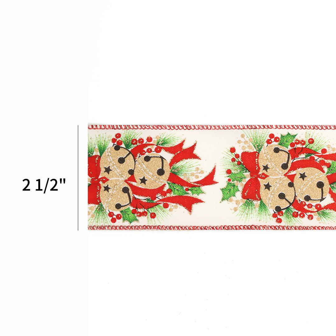 2 1/2" Holiday Wired Ribbon | White Bells w/ Holly | 10 Yard Roll