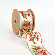 2 1/2" Holiday Wired Ribbon | White Bells w/ Holly | 10 Yard Roll