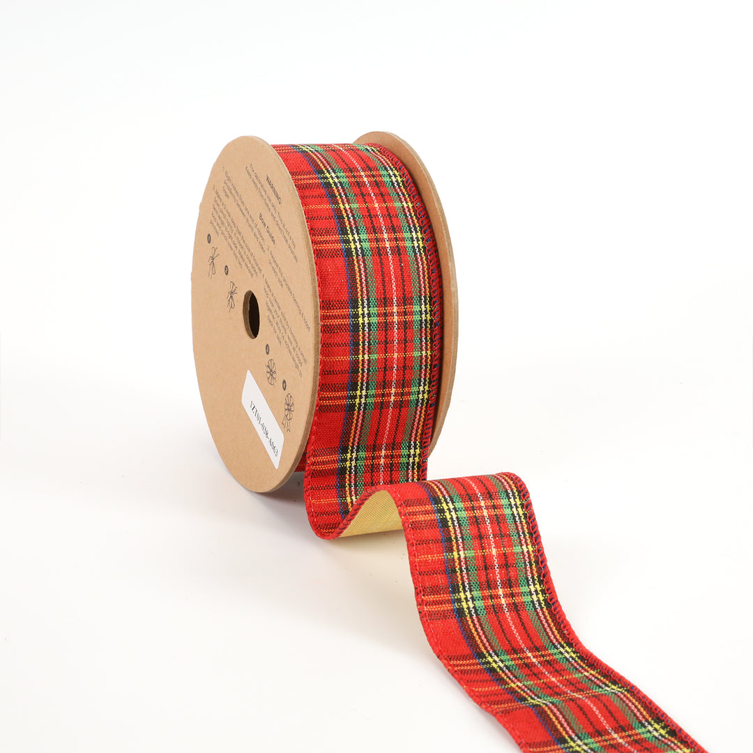 1 1/2" Holiday Wired Ribbon | "Plaid" Red/Black/Natural | 10 Yard Roll