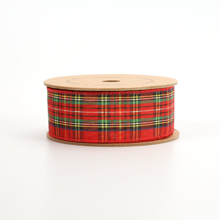 1 1/2" Holiday Wired Ribbon | "Plaid" Red/Black/Natural | 10 Yard Roll