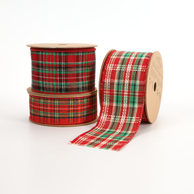 2 1/2" Holiday Wired Ribbon | "Plaid" Red/Black/Natural | 10 Yard Roll