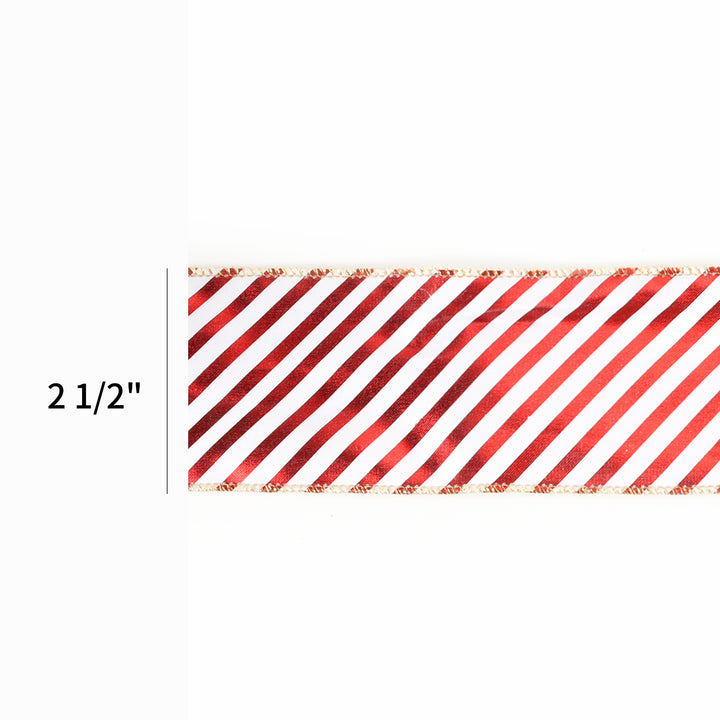 2 1/2" Holiday Wired Ribbon | "Metallic Stripe" White/Red | 10 Yard Roll