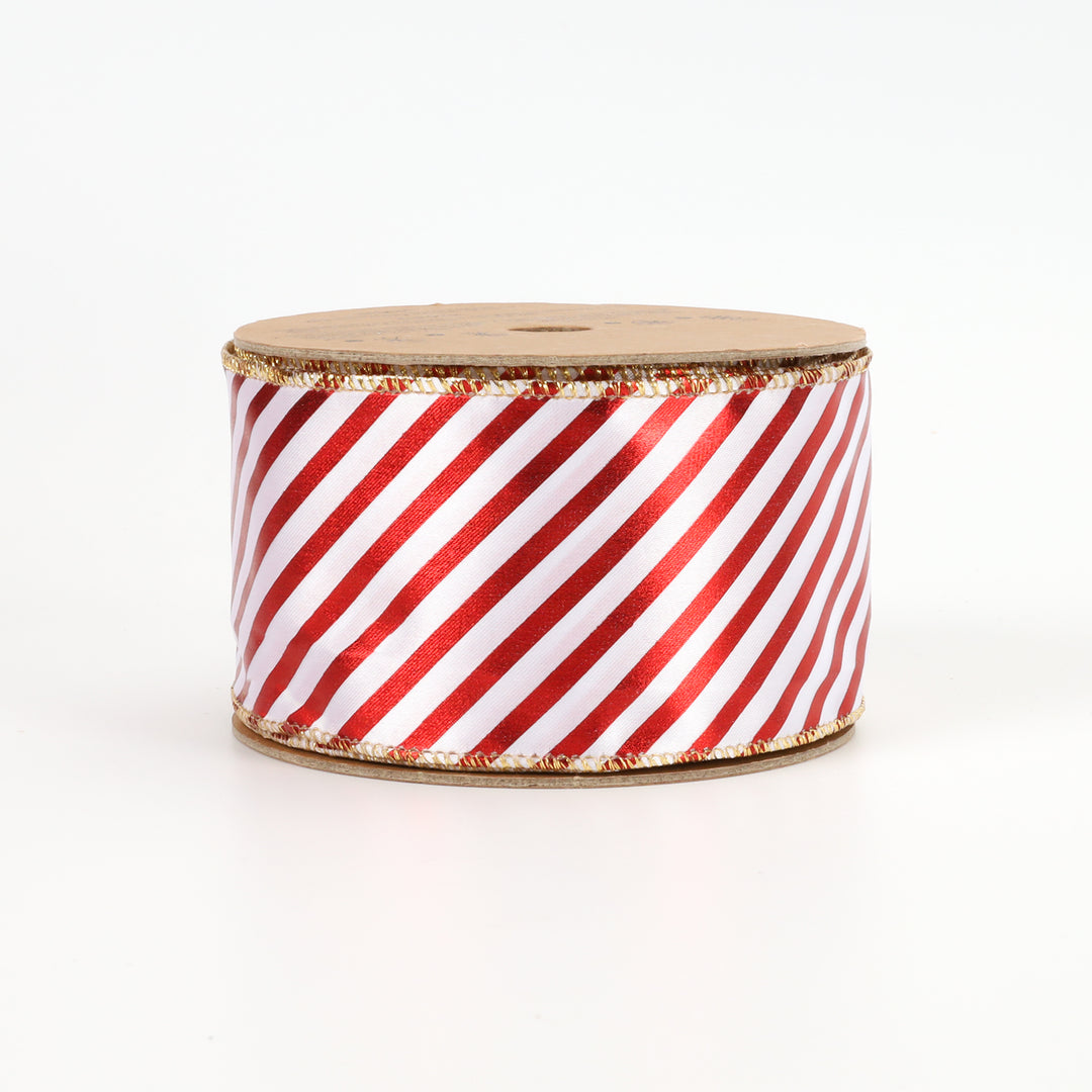 2 1/2" Holiday Wired Ribbon | "Metallic Stripe" White/Red | 10 Yard Roll