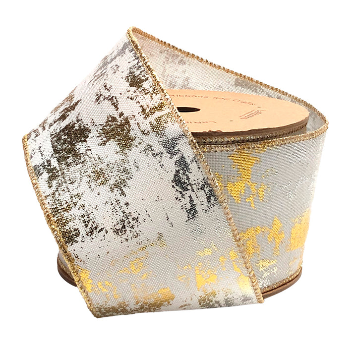 2 1/2" Holiday Wired Ribbon | Metallic Distressed White/Silver/Gold | 10 Yard Roll