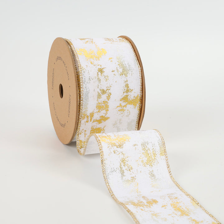 2 1/2" Holiday Wired Ribbon | Metallic Distressed White/Silver/Gold | 10 Yard Roll