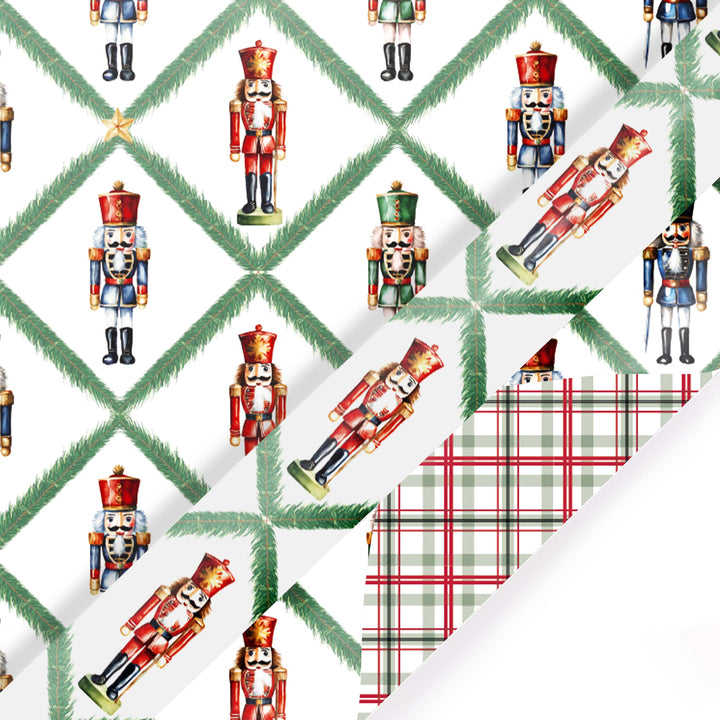 30" x 10' Reversible Holiday Wrapping Paper | Norfolk Pine Nutcracker/Small Red and Green Plaid - LaRibbons and Crafts