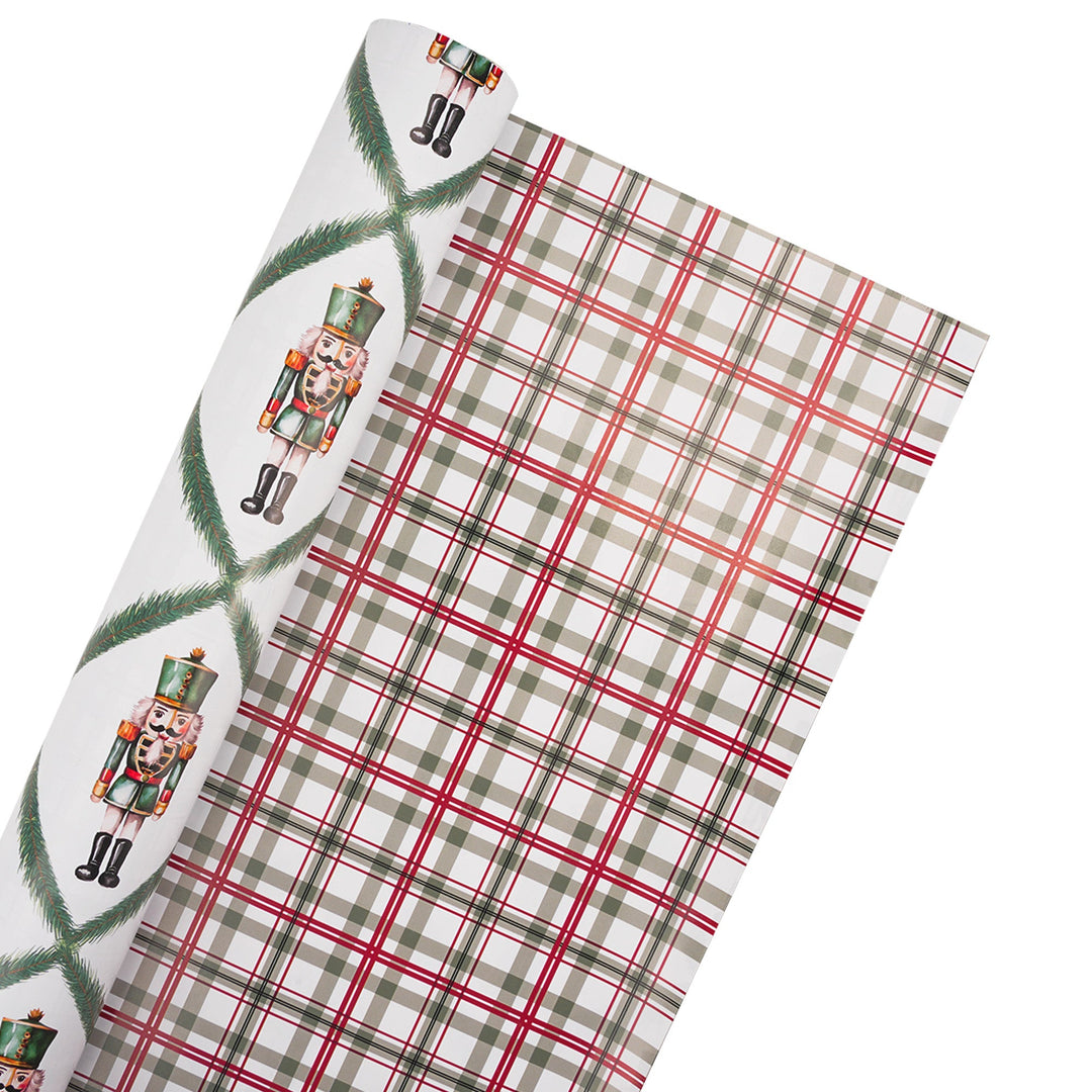 30" x 10' Reversible Holiday Wrapping Paper | Norfolk Pine Nutcracker/Small Red and Green Plaid - LaRibbons and Crafts