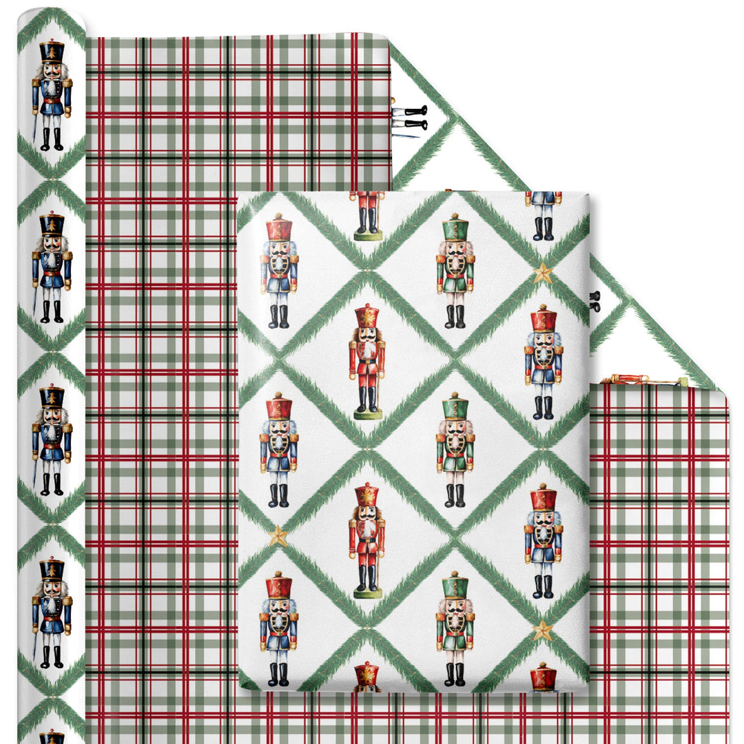 30" x 10' Reversible Holiday Wrapping Paper | Norfolk Pine Nutcracker/Small Red and Green Plaid - LaRibbons and Crafts