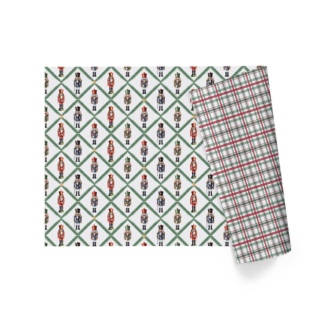 30" x 10' Reversible Holiday Wrapping Paper | Norfolk Pine Nutcracker/Small Red and Green Plaid - LaRibbons and Crafts