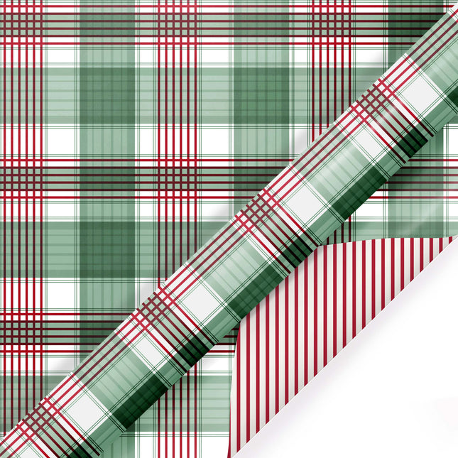 24" x 417' Reversible Holiday Wrapping Paper Half Ream | Large Red and Green Plaid/Red and White Stripe LaRibbons and Crafts