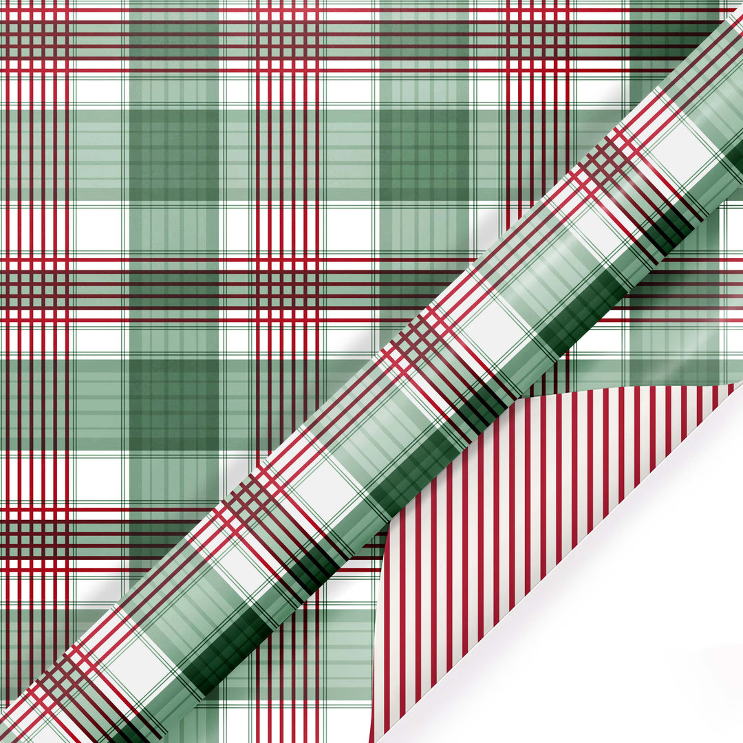 24" x 417' Reversible Holiday Wrapping Paper Half Ream | Large Red and Green Plaid/Red and White Stripe LaRibbons and Crafts