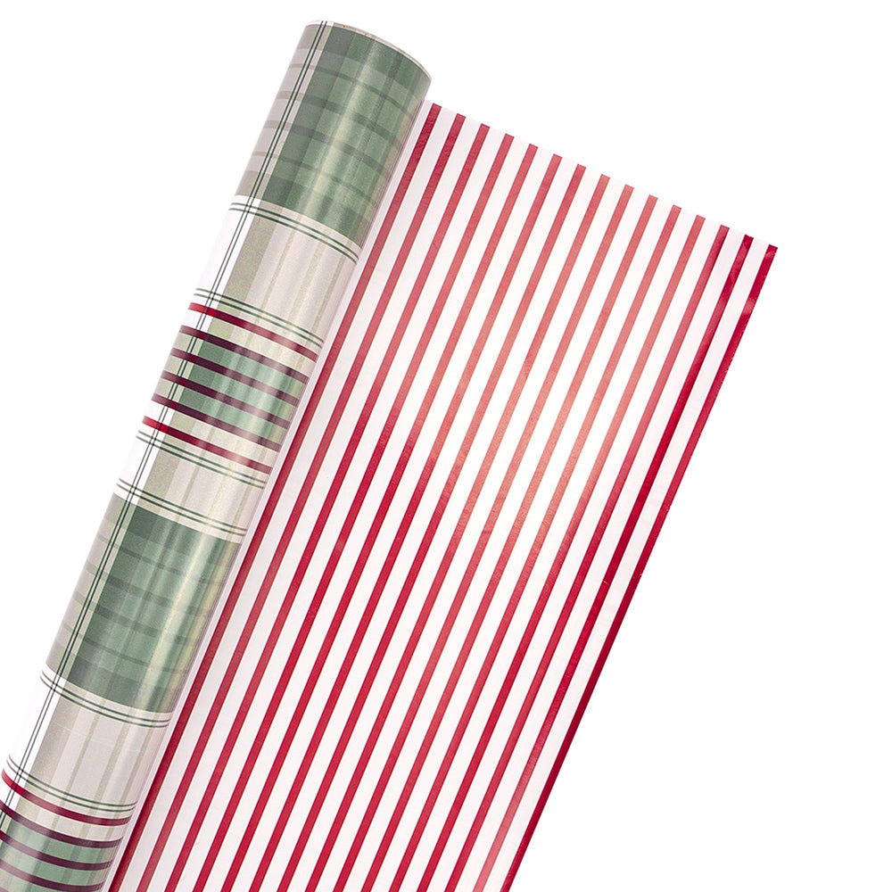 24" x 417' Reversible Holiday Wrapping Paper Half Ream | Large Red and Green Plaid/Red and White Stripe LaRibbons and Crafts
