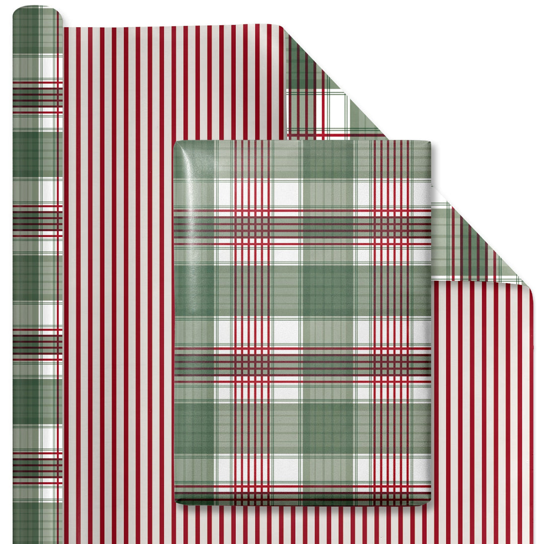 24" x 417' Reversible Holiday Wrapping Paper Half Ream | Large Red and Green Plaid/Red and White Stripe LaRibbons and Crafts