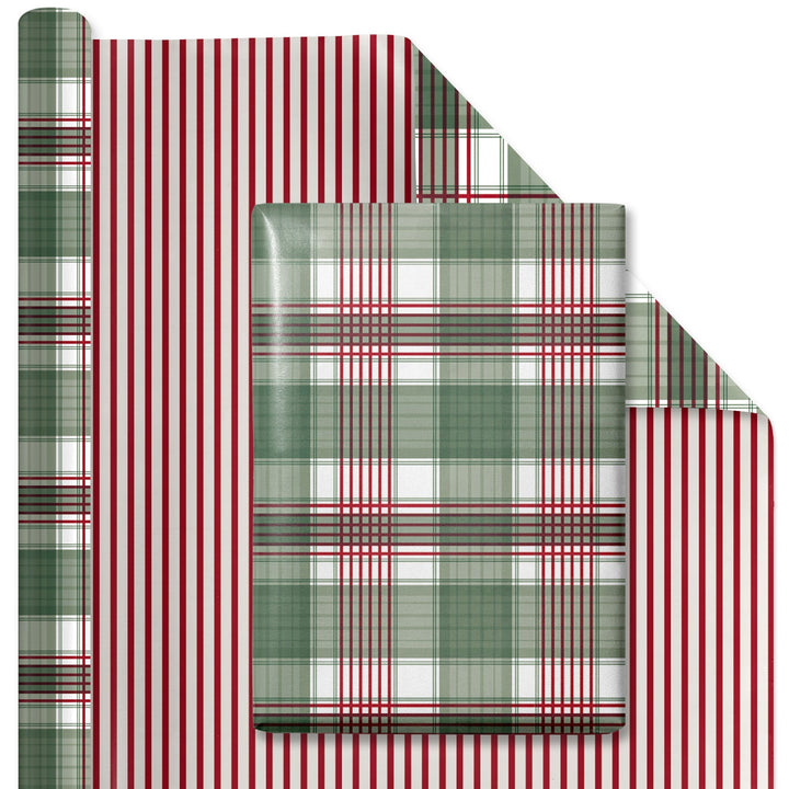 24" x 417' Reversible Holiday Wrapping Paper Half Ream | Large Red and Green Plaid/Red and White Stripe LaRibbons and Crafts
