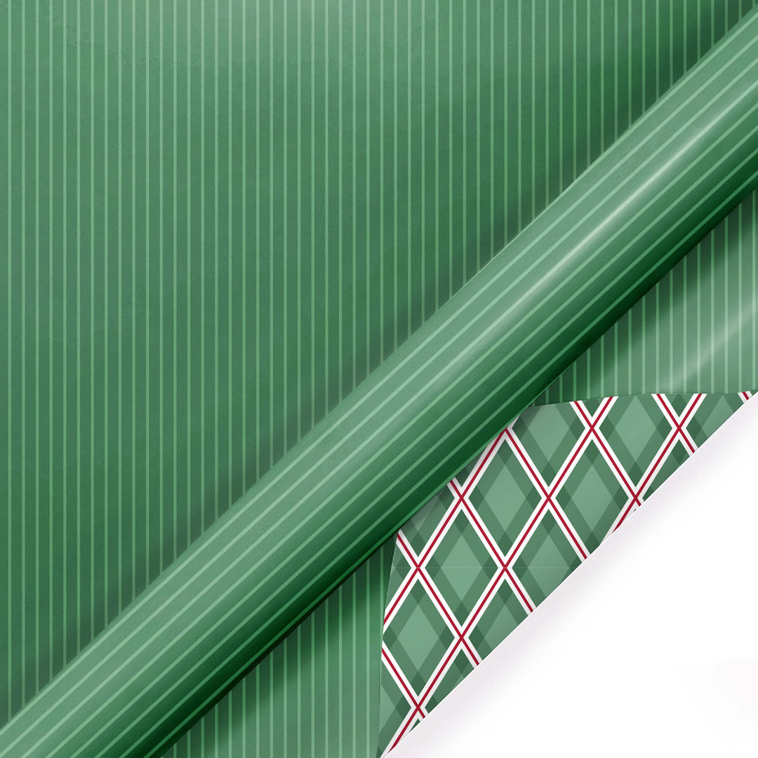 30" x 10' Reversible Holiday Wrapping Paper | Green Tone on Tone Stripe/Green and Red Harlequin LaRibbons Wholesale