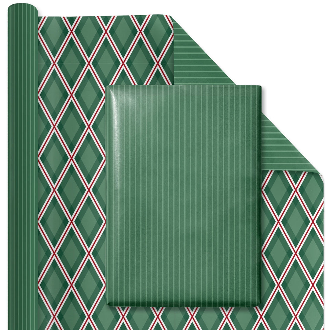 30" x 10' Reversible Holiday Wrapping Paper | Green Tone on Tone Stripe/Green and Red Harlequin LaRibbons Wholesale