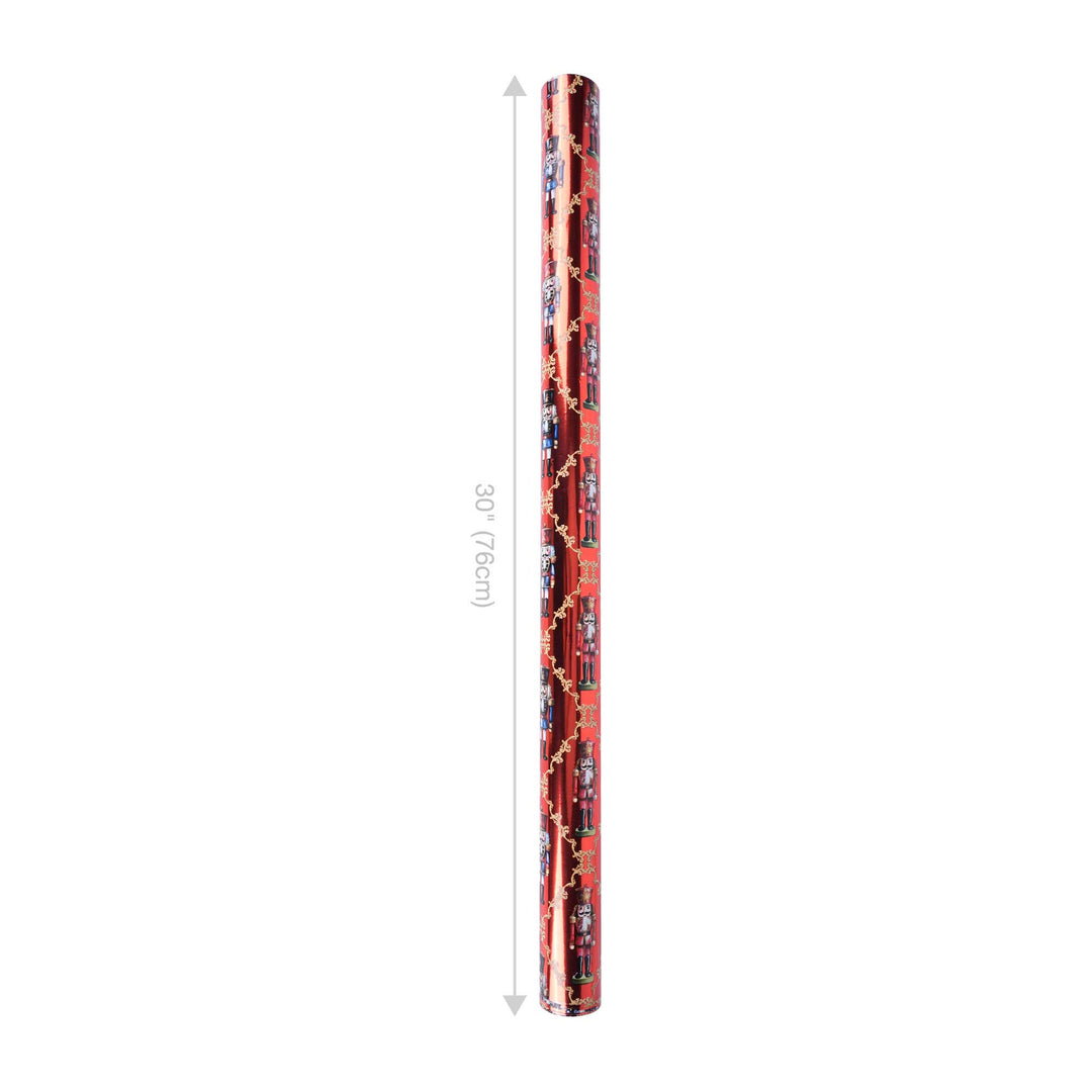 30" x 10' Reversible Holiday Wrapping Paper | Ruby Nutcracker/Black and Gold Stripe