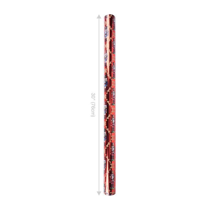 30" x 10' Reversible Holiday Wrapping Paper | Ruby Nutcracker/Black and Gold Stripe