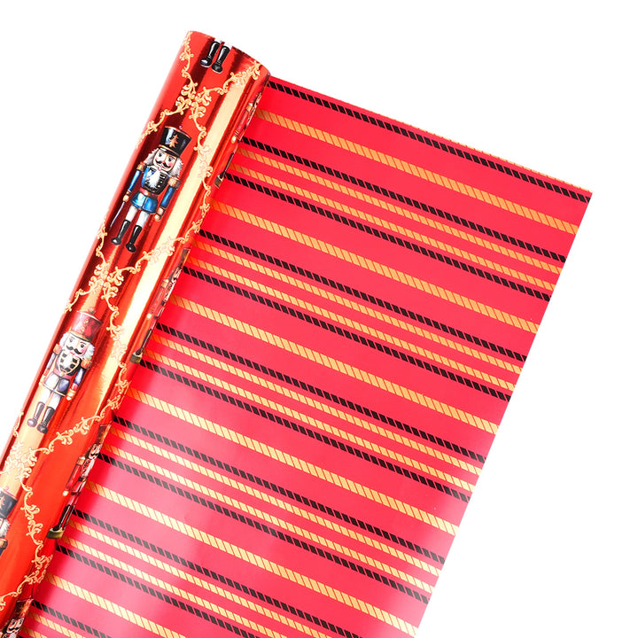 30" x 10' Reversible Holiday Wrapping Paper | Ruby Nutcracker/Black and Gold Stripe