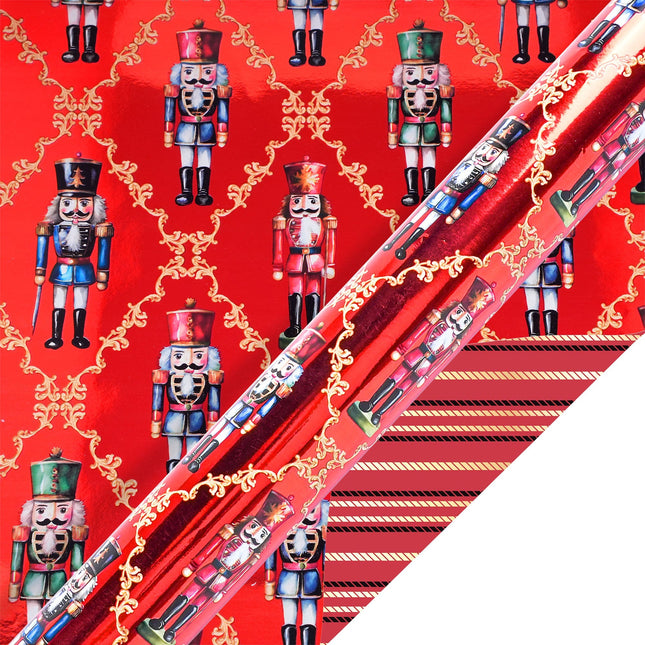 30" x 10' Reversible Holiday Wrapping Paper | Ruby Nutcracker/Black and Gold Stripe LaRibbons Wholesale
